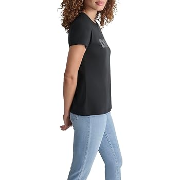 DKNY Women's Logo Soft Short Sleeve Top, Black/Black at